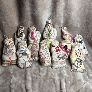 Ten Vtg Fabric Stuffed‎ Victorian Ornaments Couple Plush Christmas Tree Handmade